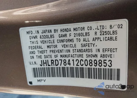 2002 Honda Cr-V Lx z USA, uszkodzony, nr VIN JHLRD78412C089853
